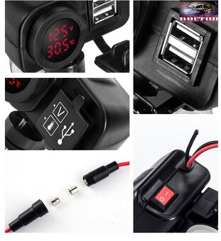 12V moto nabíječka,2xUSB,vypínač,voltmetr + teploměr. - 5