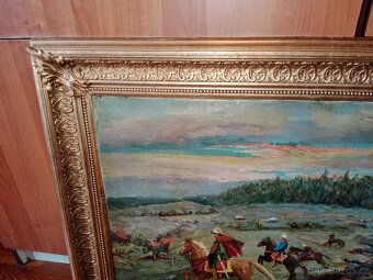 Pěkný,starý obraz-olej- bitva na poli - 5