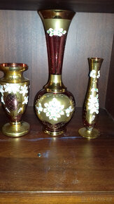 Borské sklo smaltovavé vázy,likér.sada v růžové barvě - 5