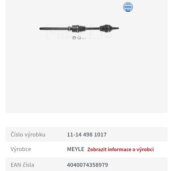 Prodám novou hnací hřídel zn. Meyle na Peugeot, Citroen - 5