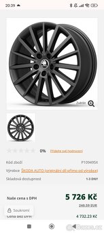 Prodám sadu originálních alu kol Škoda TURINI 7.5Jx18 ET51, - 5