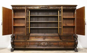 Starožitná neorenesanční knihovna s lavící - tlapy - 5