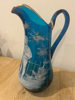 Starožitný modrý džbán s ruční malbou - 5