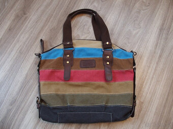 Pruhovaná látková kabelka hnědo-khaki-růžovo-modrá - 5