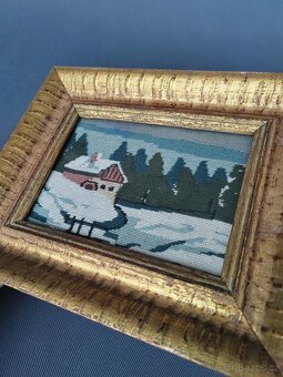 Starožitná gobélínová výšivka v luxusním zlatém rámu - 5