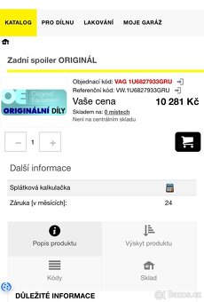 ŠKODA OCTAVIA I. RS - ZADNÍ KŘÍDLO-ORIG. 1U6827933 + HORNÍ - 5