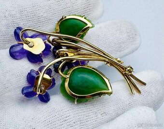 NÁDHERNÁ 14K BROŽ - FIALKA S NEFRITY, AMETYSTY A DIAMANTY - 5