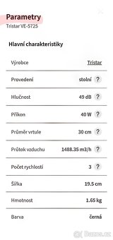 Stolní ventilátor -"TRISTAR". NOVÝ Původní balení. 30 cm - 5