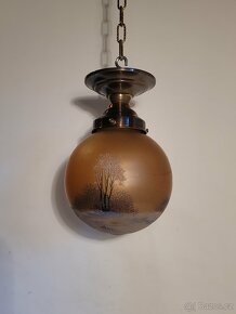 stará mosazná stropnice, lustr, malované stínidlo - 5