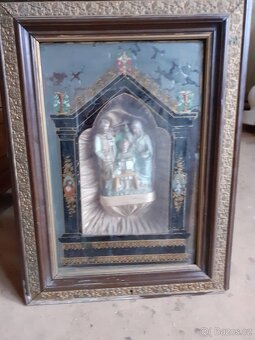 Starožitný hrací obraz, kaplička se soškou - 5