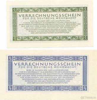 Originální sada bankovekWehrmachtu 1,5,10,50 Reichsmark 1944 - 5