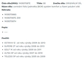 Řídící jednotka komfortu BCM Superb II, Octavia II, ... - 5