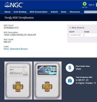Svatováclavský dukát 1933, certifikace NGC MS 67 - 5