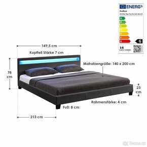 Černý rám postele s led osvětlením a matrací - 5