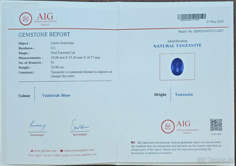 Investiční Tanzanit TOP kvality, 23,98 ct, AIG certifikát - 5