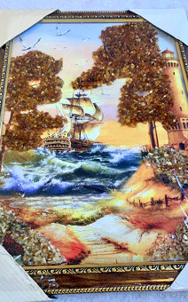 Luxusní jantarový obraz „Maják a plachetnice“ – originál - 5