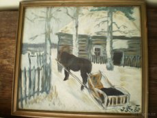 Starý obraz - zimní výjev "Kůň se saněmi" - 5