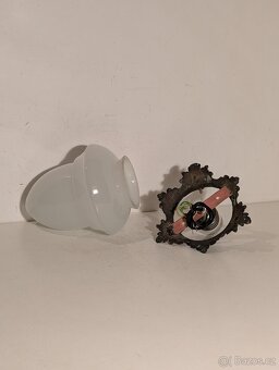 secesní mosazný lustr, původní mléčné stínidlo - 5