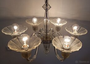 Starožitný celoskleněný šesti ramenný lustr, Art deco - 5
