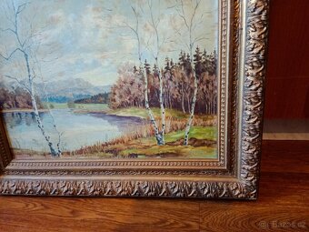 Pěkný starý obraz- olej- na kartonu -březový háj - 5