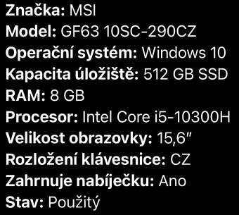 Prodám herní notebook MSI GF63 10SC-290CZ - 5