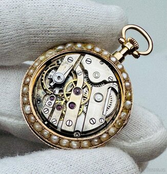 18K CELOZLATÉ ŠVÝCARSKÉ KAPESNÍ HODINKY S PERLIČKA - 5
