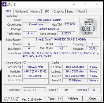 Intel Core i9 10850K ( 10 jádro / 3,6GHz -> 5,2GHz ) - 5
