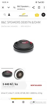 B&C Speakers DE85TN 8/ohm Driver 110W, výškové repro - 5