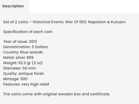 Starožitné stříbrné mince Napoleon a Kutuzov 2x2 oz, 2012 - 5