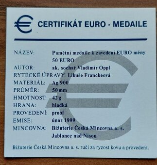 Velká stříbrná medaile Jiří z Poděbrad 50 Euro 1999, PROOF. - 5