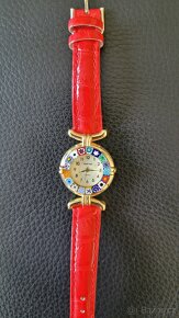 Italské dámské hodinky z murano skla, červený kožený řemínek - 5