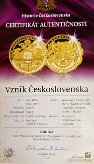 Zlatá medaile Vznik Československa – 1,20 g Au 999/1000 - 5