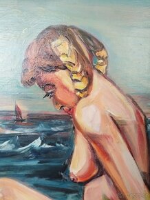 obraz - DÍVKA S COPÁNKY, akt, olej, sign. neurčena - 5