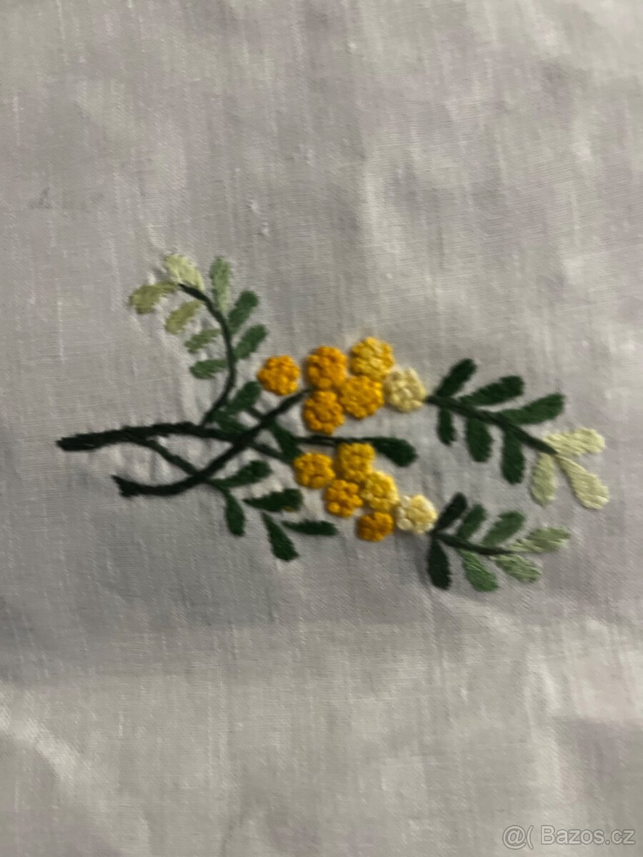 Francouzský plátěný, vyšívaný ubrus (mimóza)+ ubrousky - 6