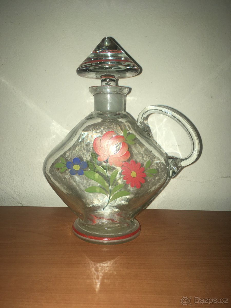 Starožitná skleněná malovaná karafa - lidové vzory - 6