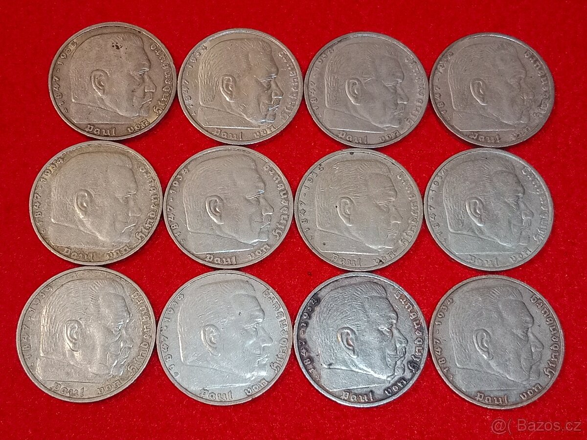 Stříbrné marky 38 ks - 2 marky, 5 marky dva druhy - 6
