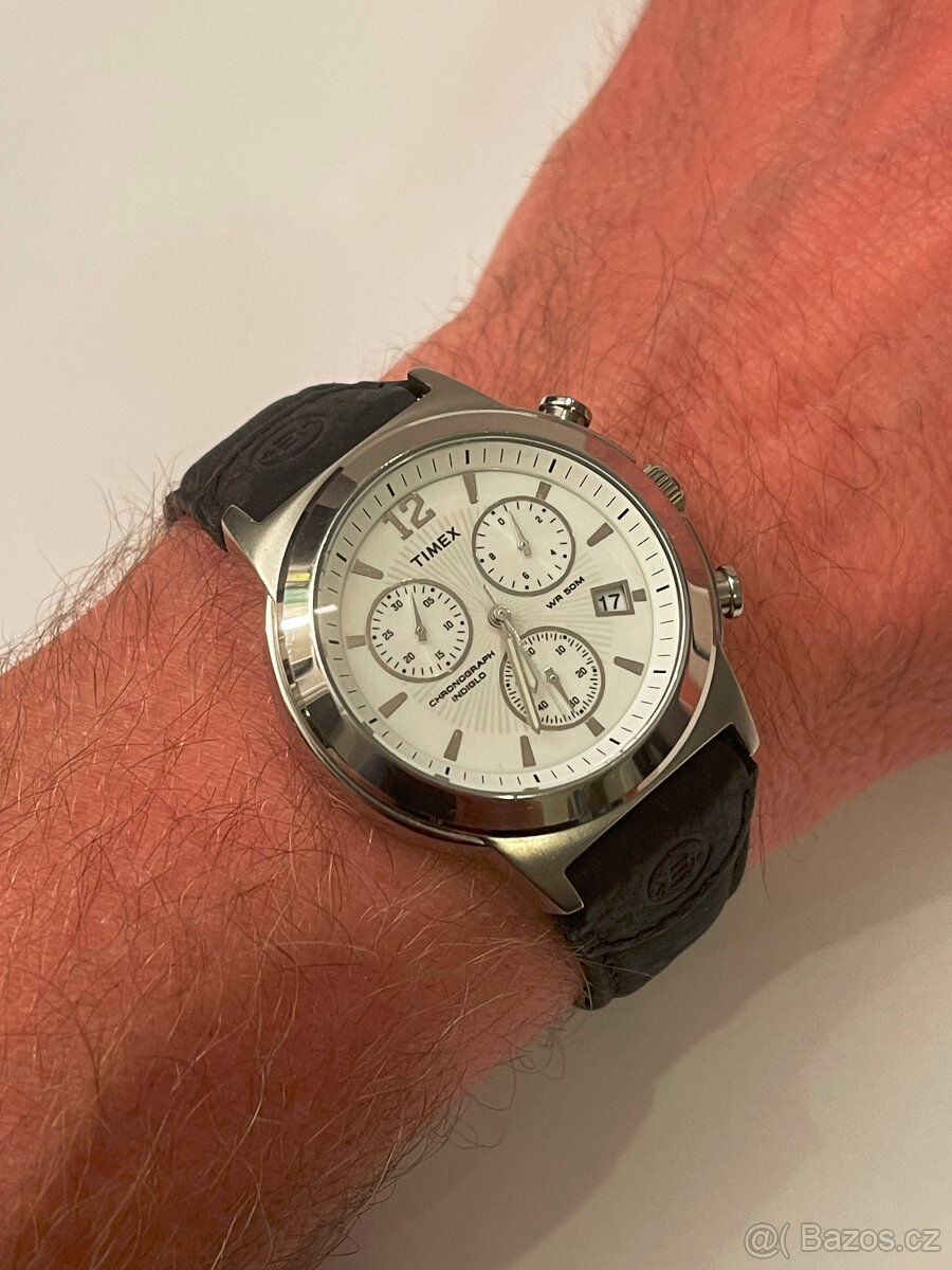 Chronograph Timex, 50m voděodolný, čiselník 4cm, kožený páse - 6