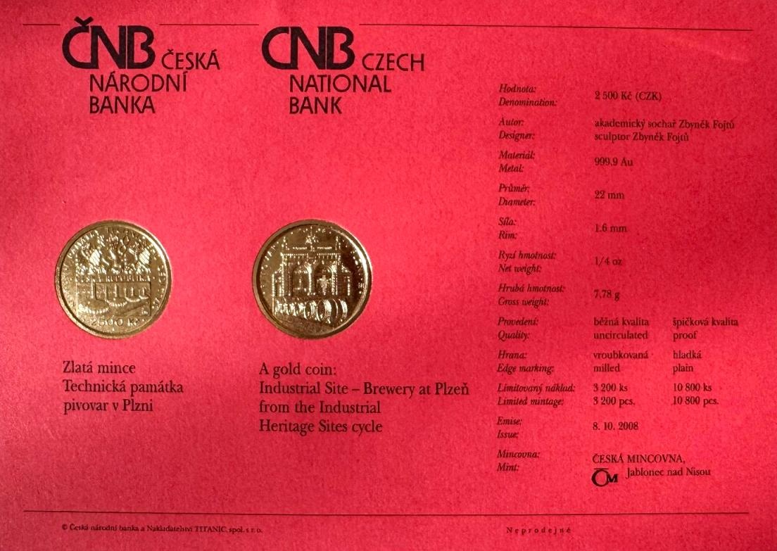 ČNB zlatá mince - Pivovar v Plzni - 1/4 oz (7,78g) - 6