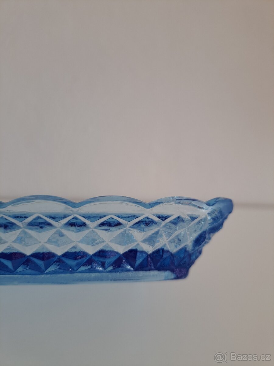 Starý skleněný, modrý podnos - 6
