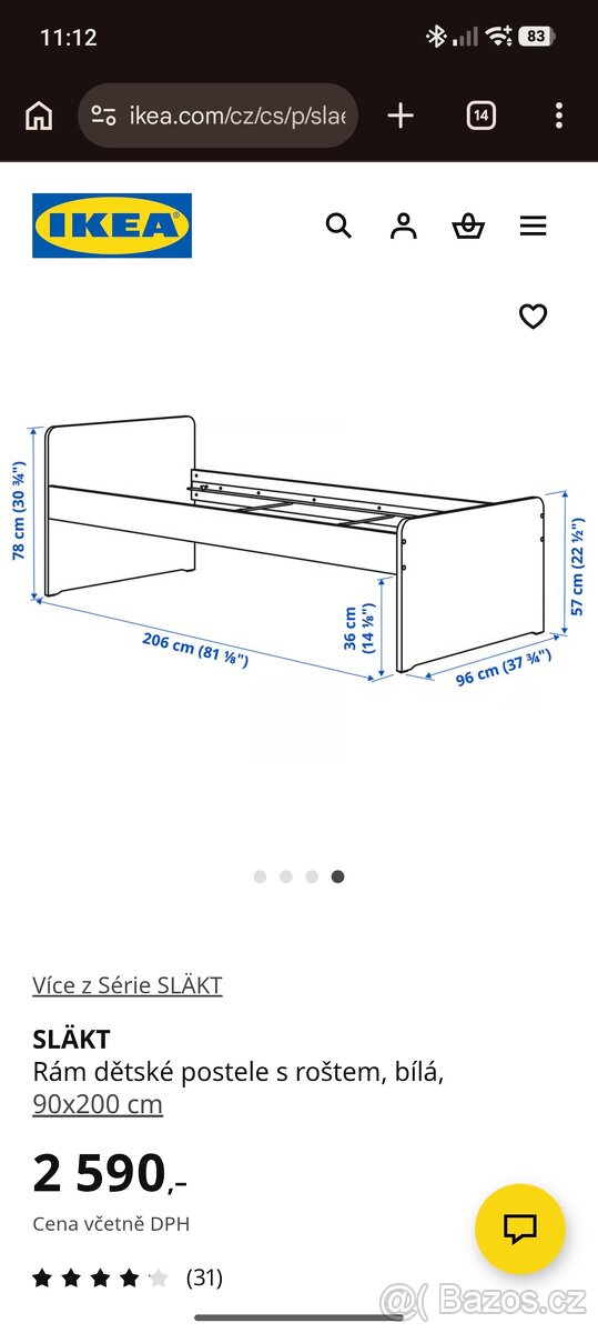 Ikea postel bílá 90x200 + šuplík - 6