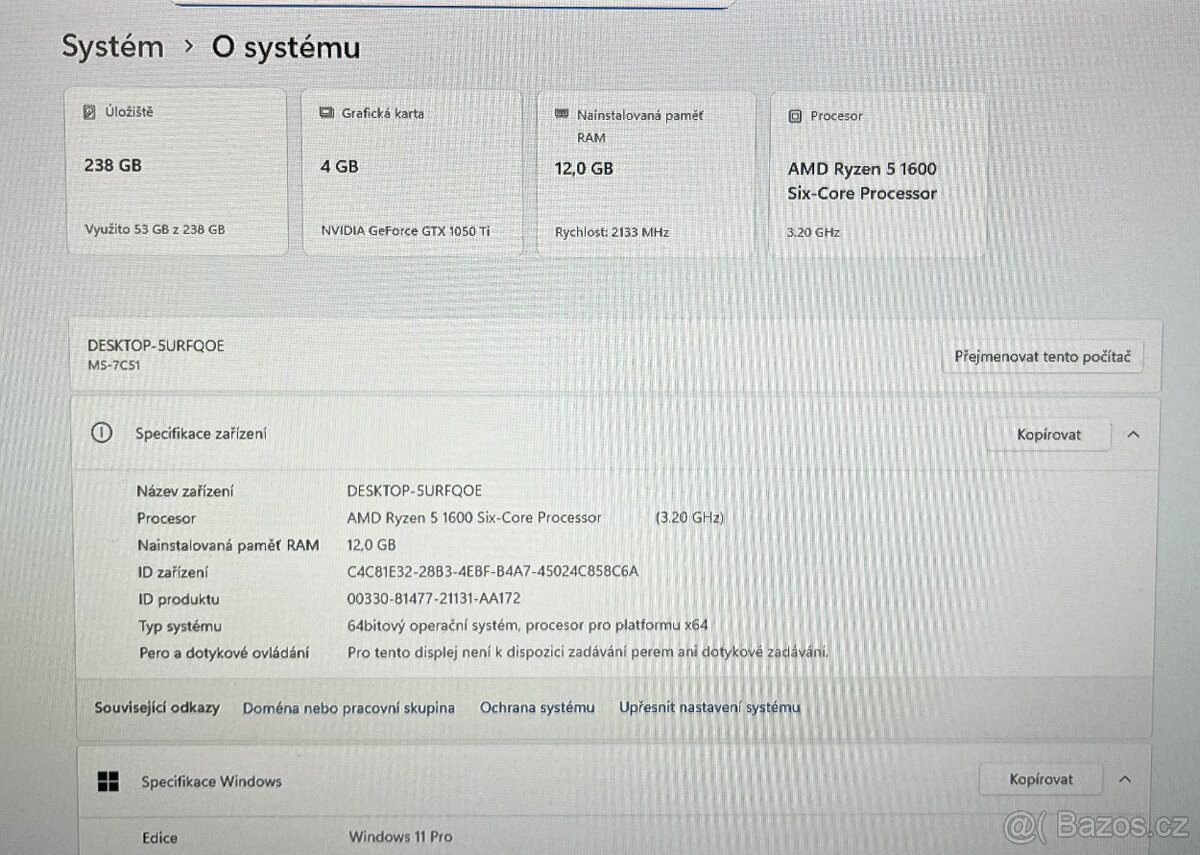 Herní PC MSI Ryzen 5 1600/GTX 1050ti 4GB - 6