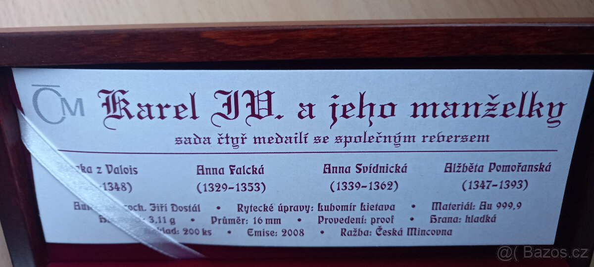 SADA 4 ZLATÝCH MEDAILÍ KAREL IV. A JEHO MANŽELKY, Au999/12,4 - 6