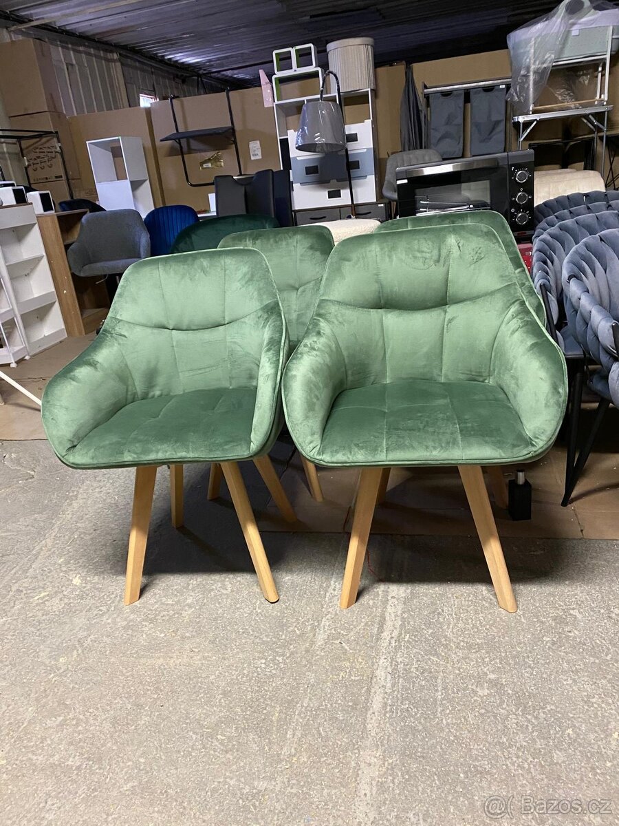 Nové jídelní křesílka šedé a zelené, velur, dřevo - 6