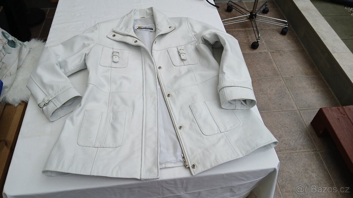 Kožená bílá elegantní delší dámská bunda Evoco vel.XL - 6