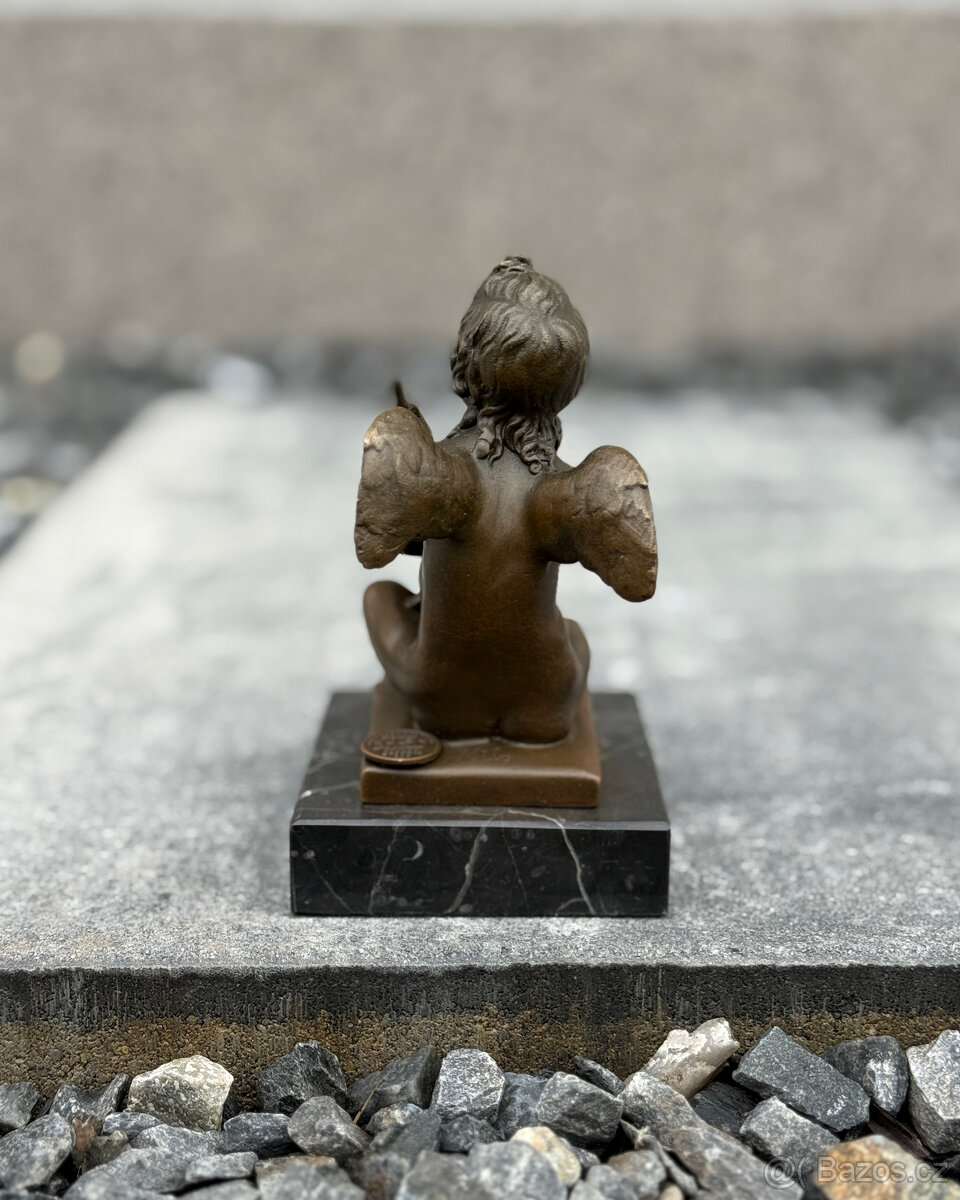 Bronzová andělská soška Putto s lyrou anděl dítě figurka - 6