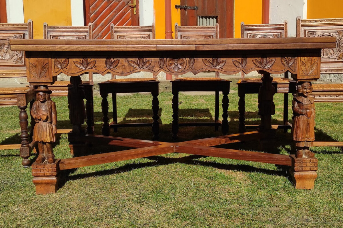 Starožitný dubový rozkládací stůl a 6 židlí - 6