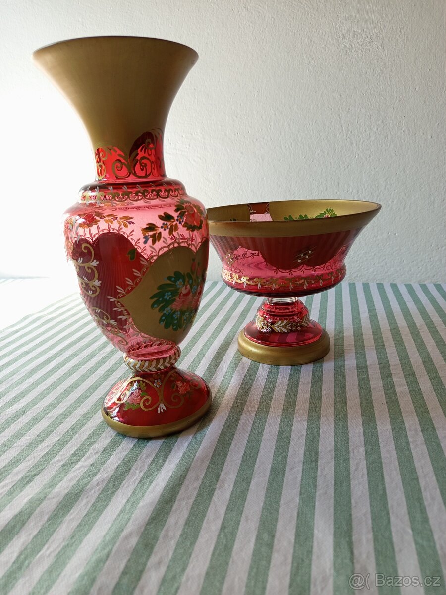 Starožitné Novoborské sklo – váza a mísa - 6