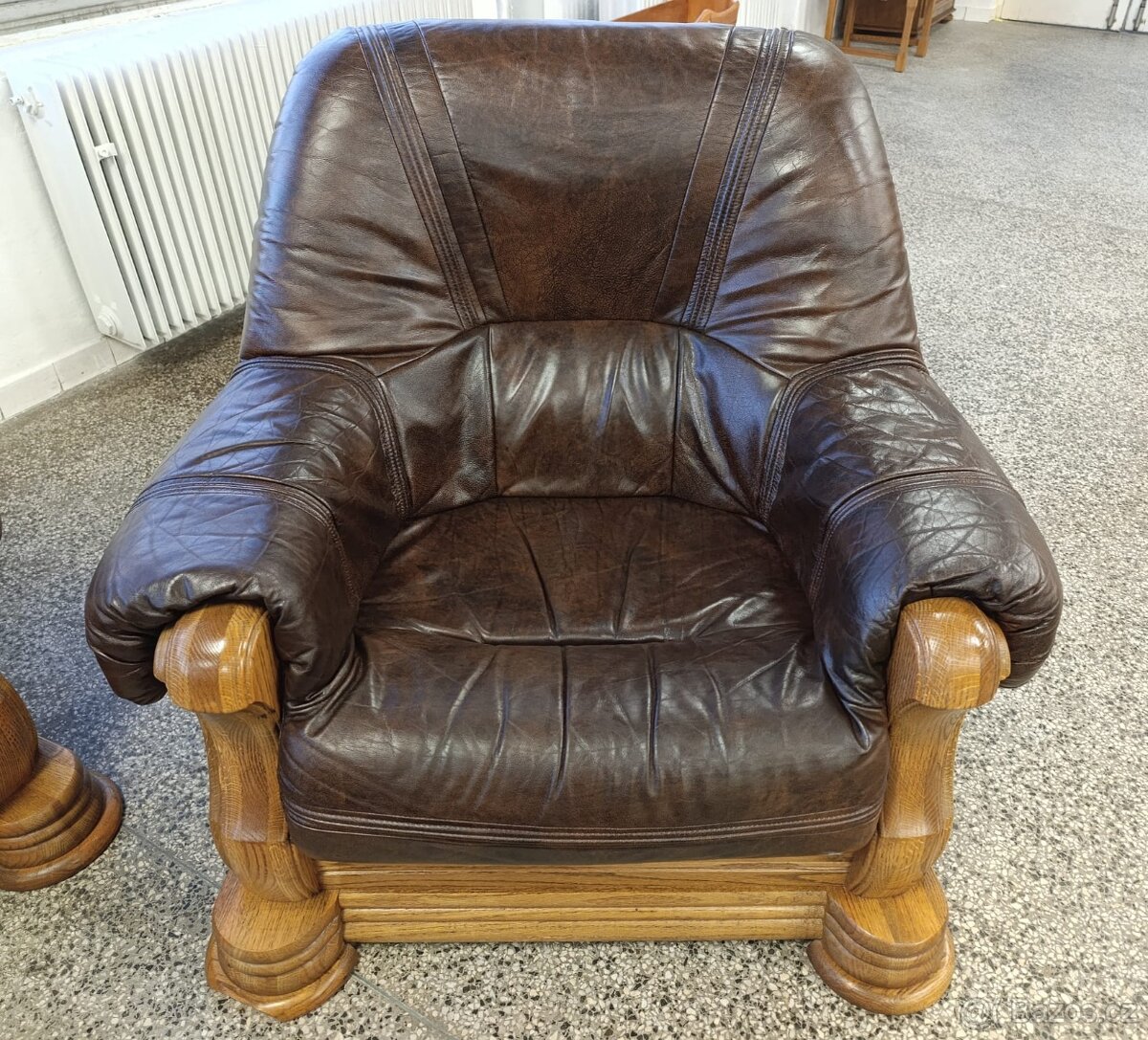 Rustikální kožená sedací souprava, 3 + 2 +1, masív - 6