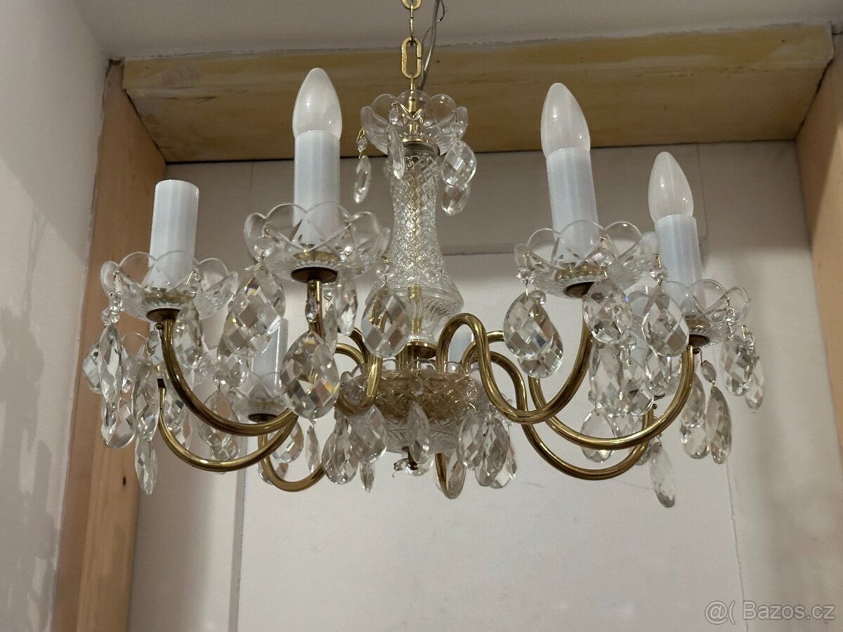 Křišťálový lustr – mosaz, 6 ramen, retro - 6