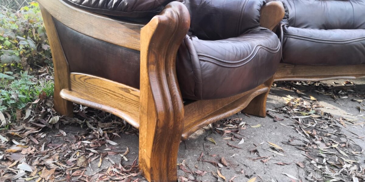 Kožená sedací souprava 3+1+1 s masivním dřevem - 6